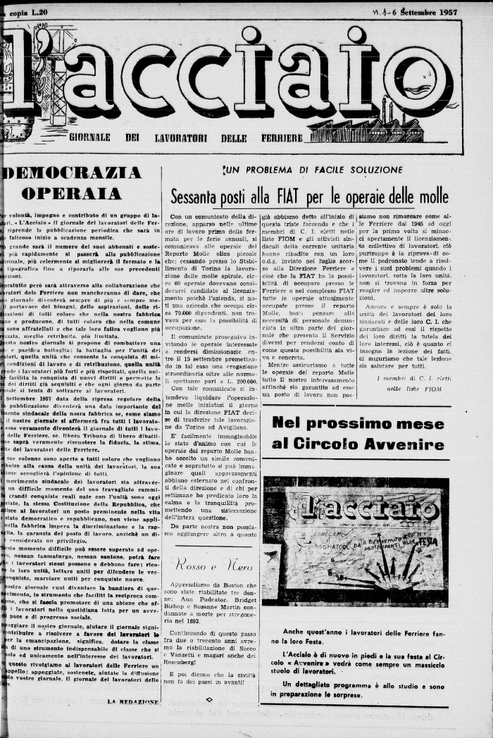 L acciaio. Giornale dei lavoratori delle ferriere. A. 5 n. 1 6