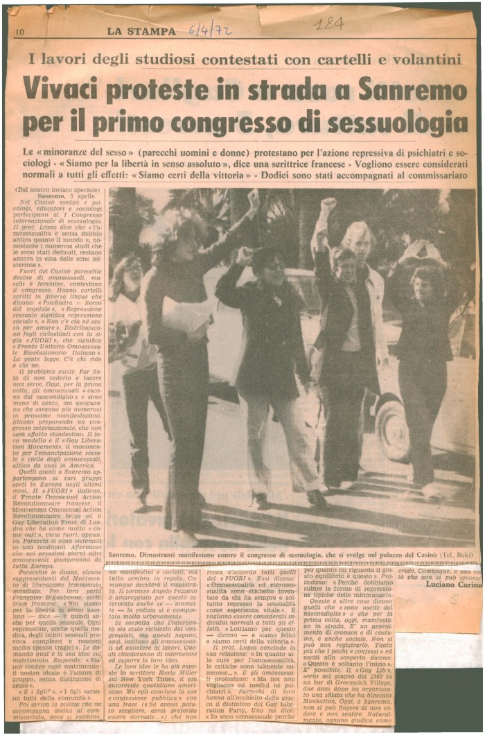 Curino Luciano, Vivaci proteste in strada a Sanremo per il primo congresso  di sessuologia, in La Stampa, 06/04/1972, p. 10 - Archivio