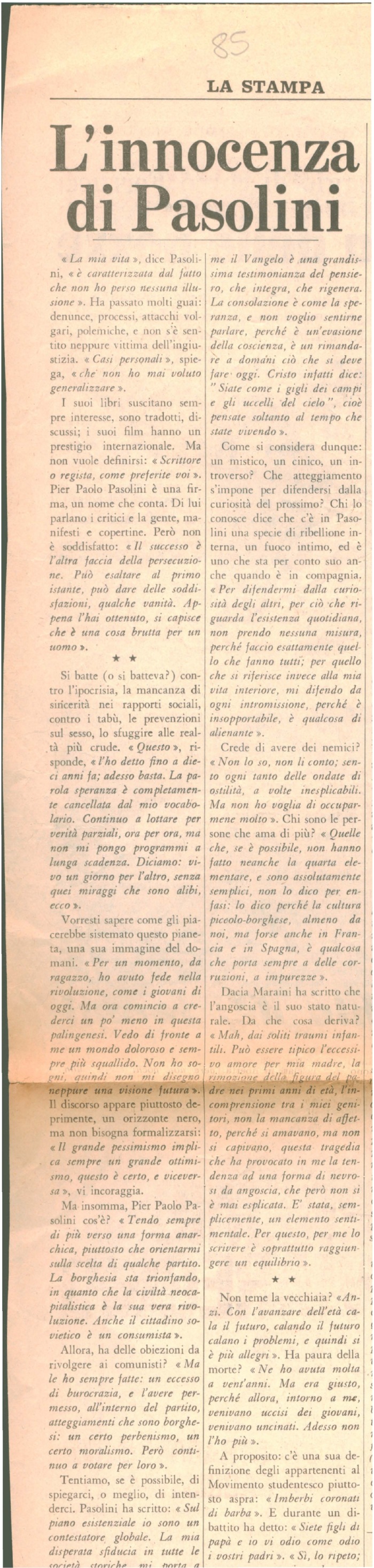 Biagi Enzo L innocenza di Pasolini in La Stampa 27 07 1971 p