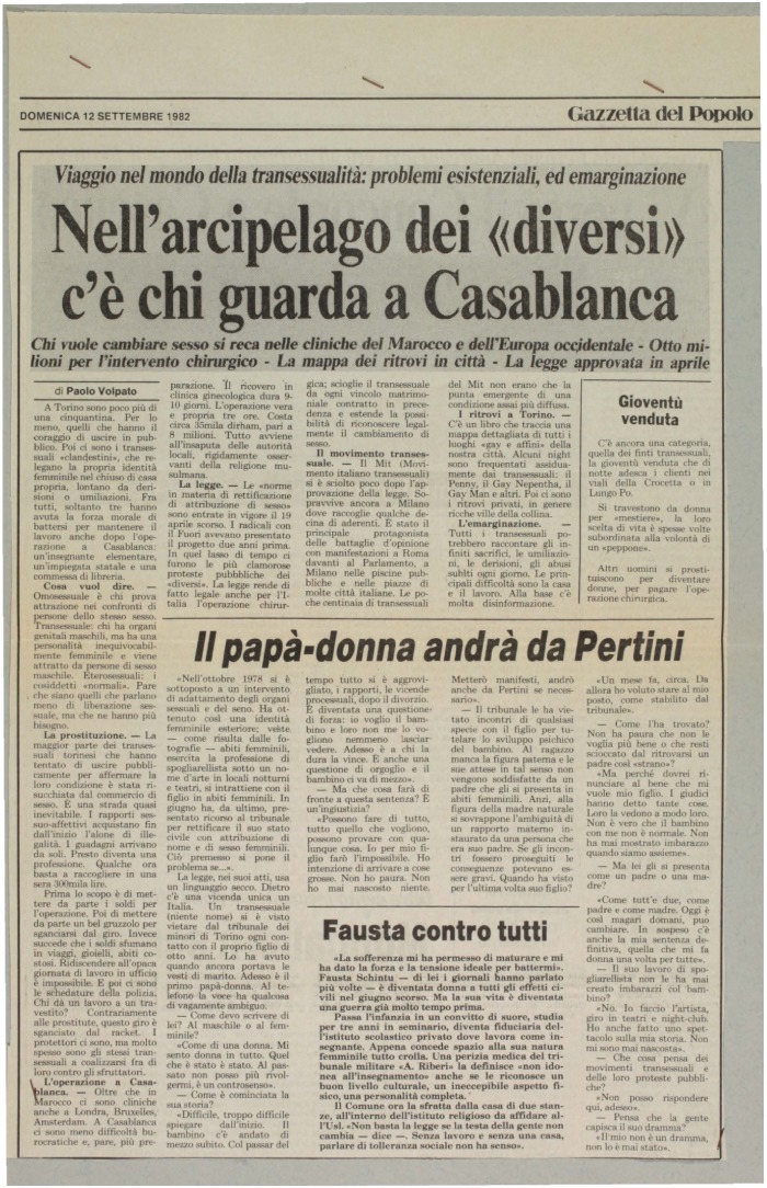 Volpato Paolo, Nell'arcipelago dei diversi c'è chi guarda a Casablanca,  in Gazzetta del Popolo, 12/09/1982 - Archivio