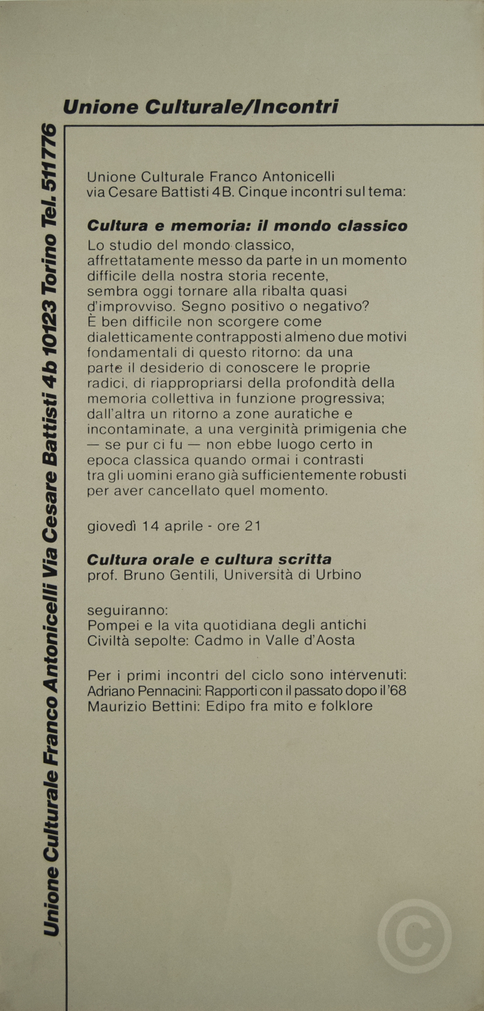 Unione Culturale/Incontri. Cultura e memoria: il mondo classico. - Archivio